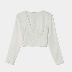 Bershka Satin finish long sleeve V-neck blouse cropped Size S White Color